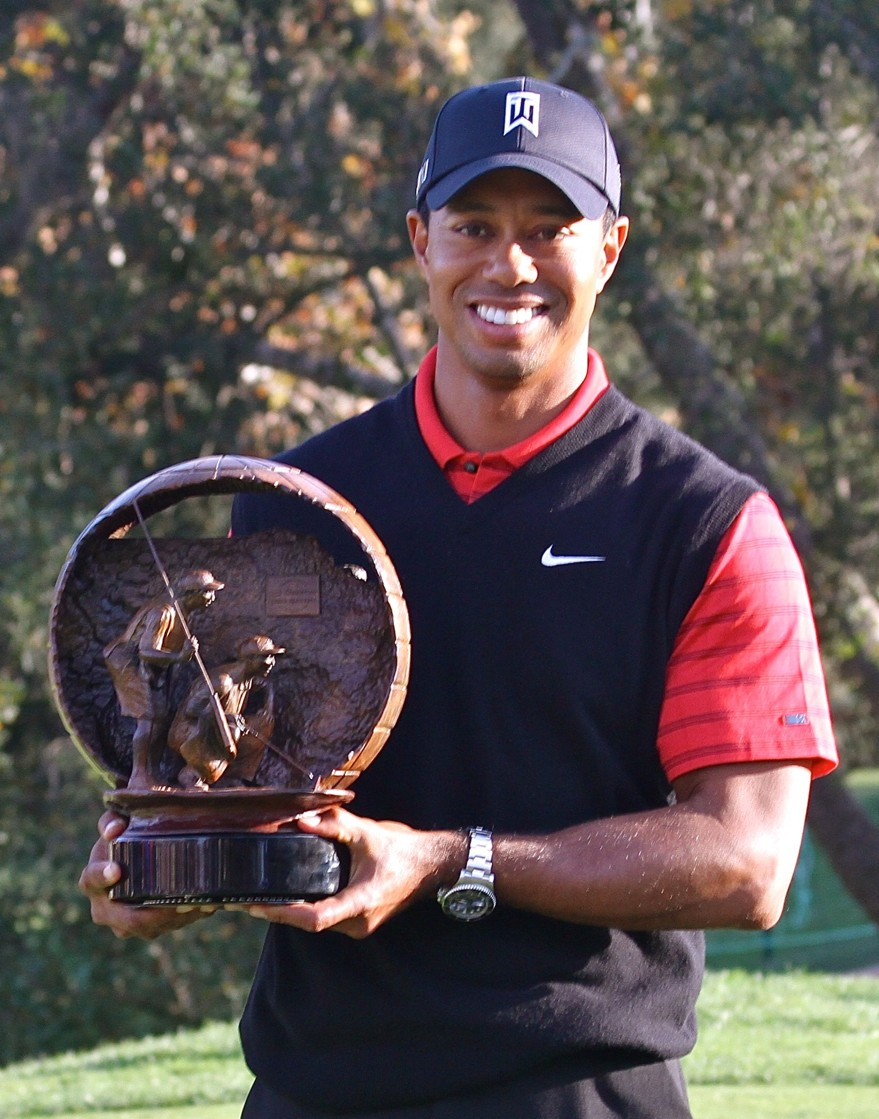 Chevron World Challenge trophy made by Malcolm DeMille and 2011 champion Tiger Woods